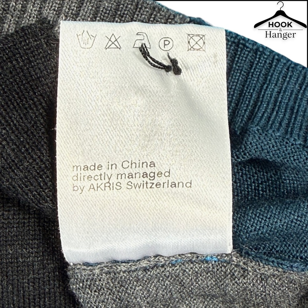 Akris Punto Luxury Patchwork Wool Cardigan 12 Teal Blue Gray Colorblock Sweater - Picture 7 of 9